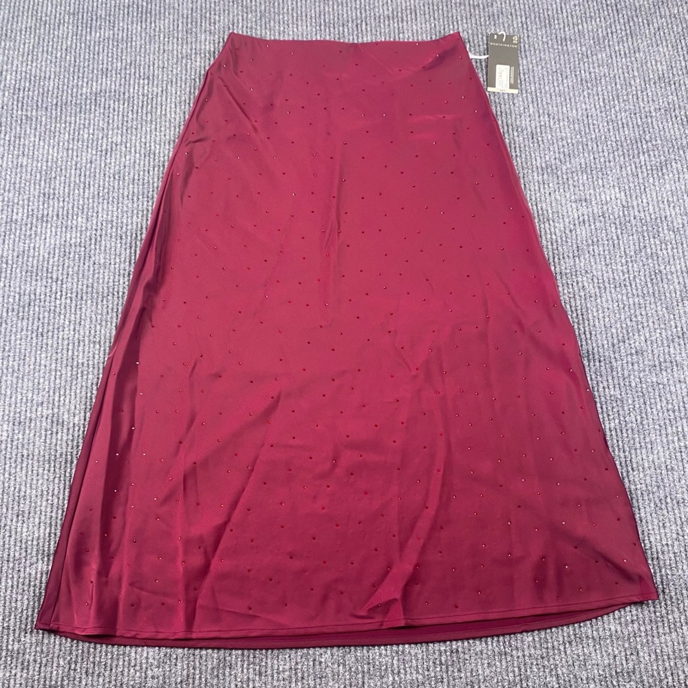 Worthington Midi Skirt Womens 2 Burgundy Rhinestone Embellished Satin Formal NEW